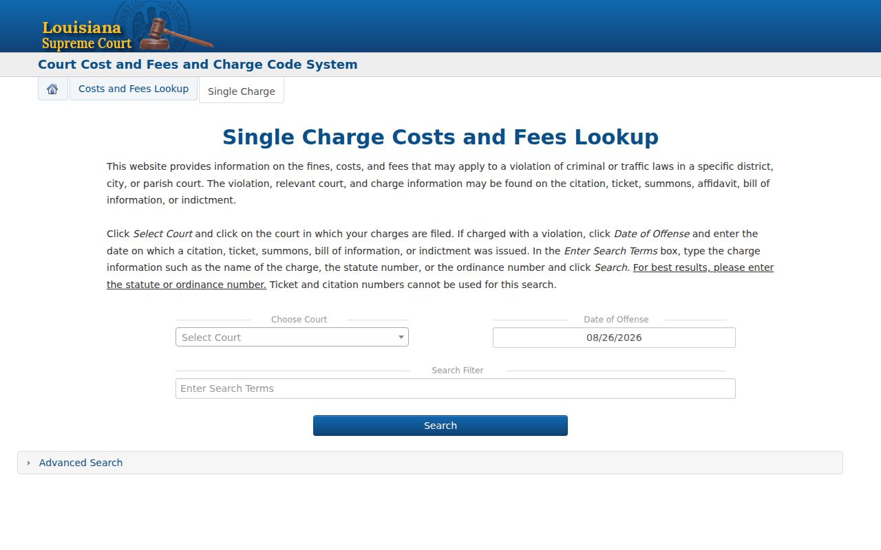 LaSalle Parish traffic ticket lookup context for Louisiana charge code fields